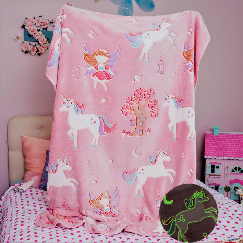 Snooze Bliss Glow in The Dark Unicorn Blanket for Girls â€“ Soft Pink Fleece Throw. Great Christmas, Birthday, Baby, Toddler Unicorn Gifts for Girls, Fairy, Butterfly, Stars. Bright Long-Last Glow - Image 1